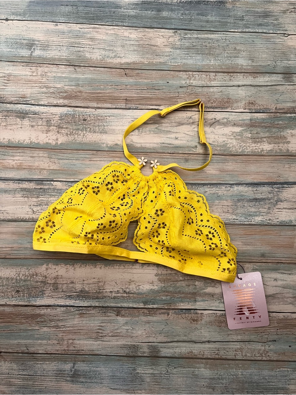 NWT Savage X Fenty Bombshell Broderie Lace Halter Bralette Yellow Small - Picture 2 of 5